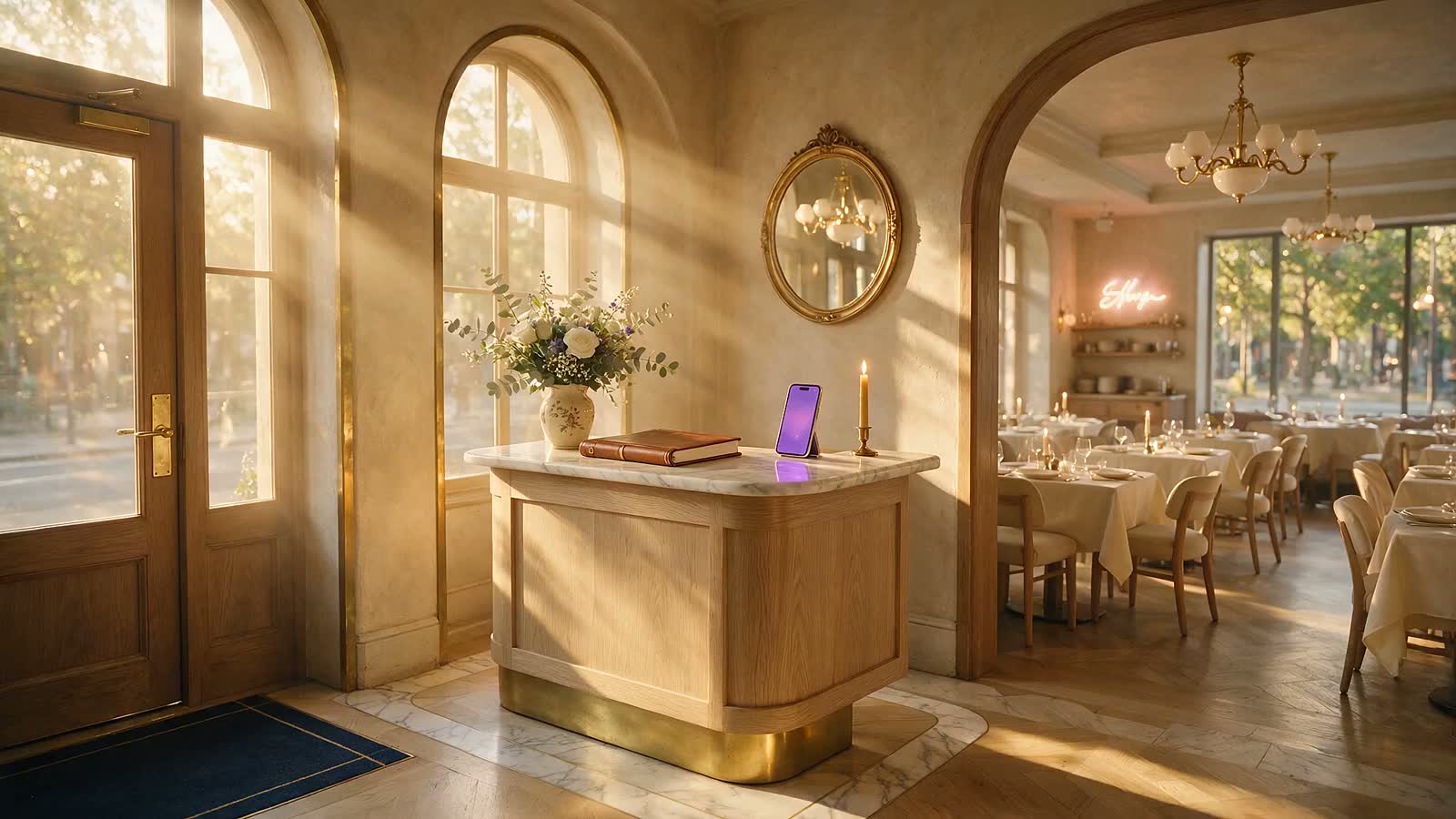 A sunlit dining room at golden hour, tables laid and the host stand ready for service