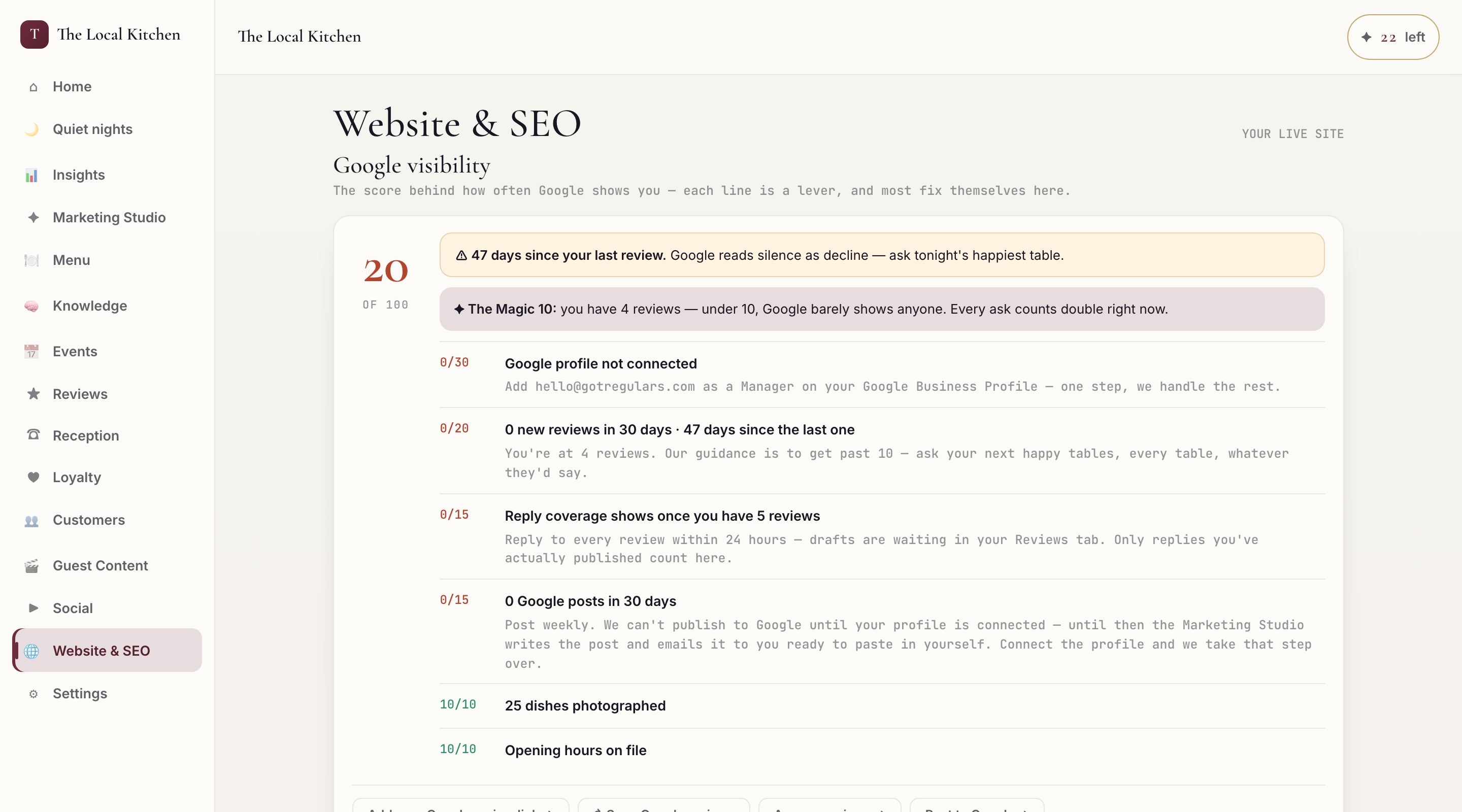 The Google visibility view in the owner console