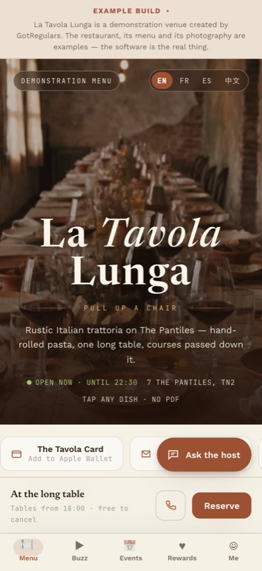 Tratto's guest menu